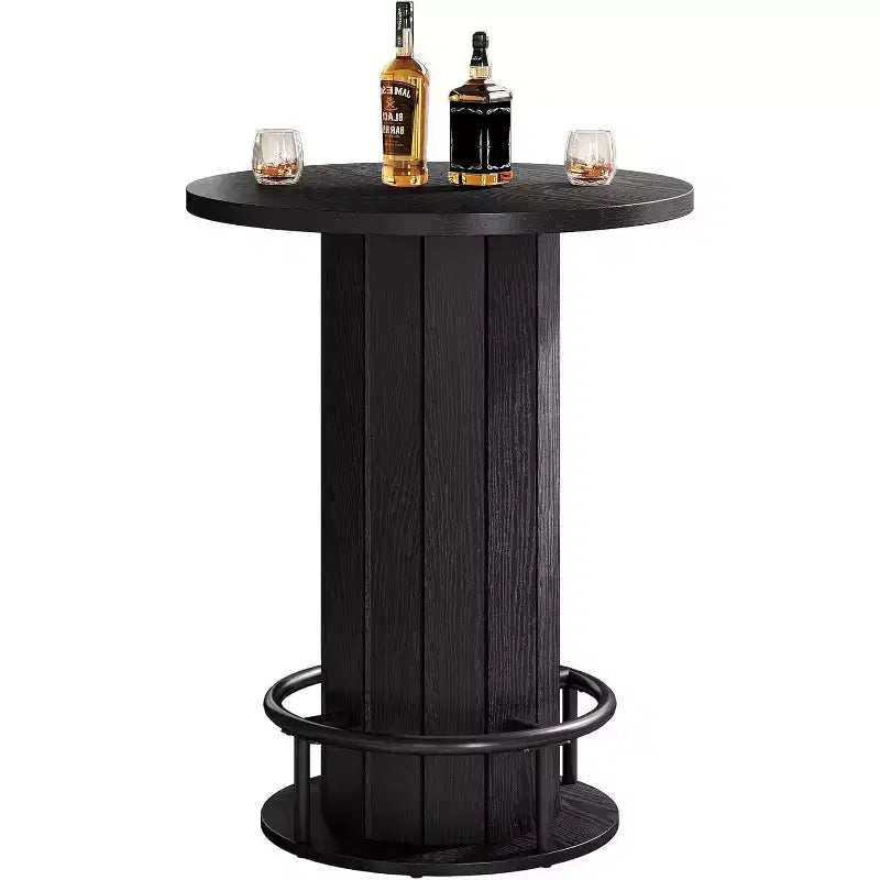 39.4 H Round Bar Table, Wood Bistro Pub Table with Metal Ring Footrest for Dining Cocktail Living Room, Small Space,(Only Table)