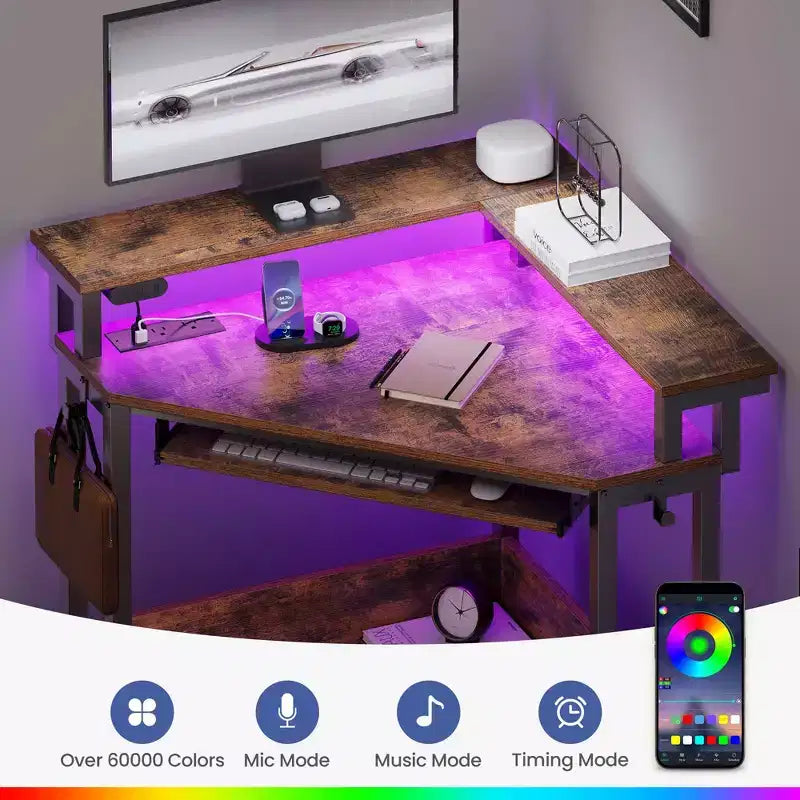 Small Corner Computer Desk with Power Socket, LED Light Computer Desk with Monitor Stand, Keyboard Tray and Headphone Holder