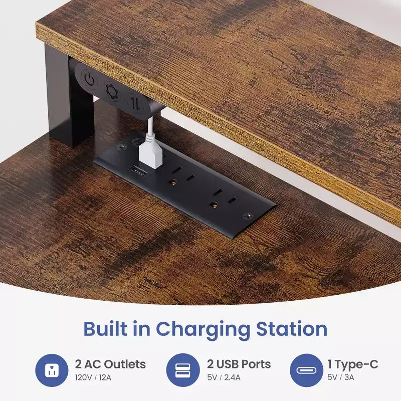 Small Corner Computer Desk with Power Socket, LED Light Computer Desk with Monitor Stand, Keyboard Tray and Headphone Holder