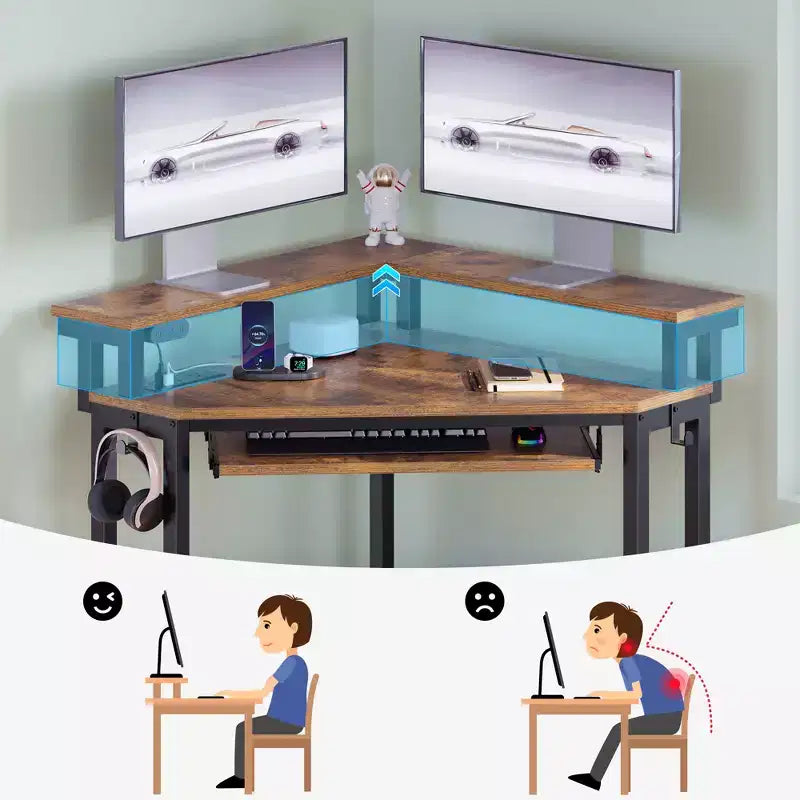Small Corner Computer Desk with Power Socket, LED Light Computer Desk with Monitor Stand, Keyboard Tray and Headphone Holder