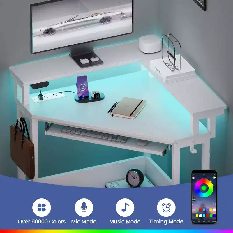 Small Corner Computer Desk with Power Socket, LED Light Computer Desk with Monitor Stand, Keyboard Tray and Headphone Holder
