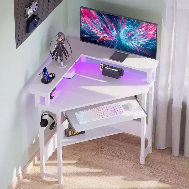 Small Corner Computer Desk with Power Socket, LED Light Computer Desk with Monitor Stand, Keyboard Tray and Headphone Holder