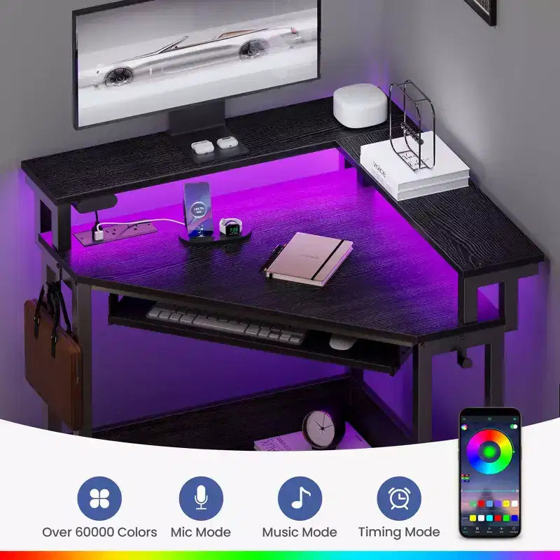 Small Corner Computer Desk with Power Socket, LED Light Computer Desk with Monitor Stand, Keyboard Tray and Headphone Holder