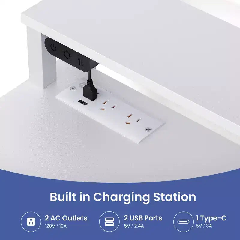 Small Corner Computer Desk with Power Socket, LED Light Computer Desk with Monitor Stand, Keyboard Tray and Headphone Holder
