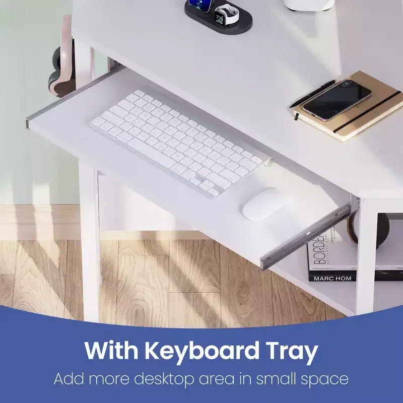 Small Corner Computer Desk with Power Socket, LED Light Computer Desk with Monitor Stand, Keyboard Tray and Headphone Holder
