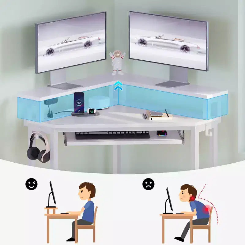 Small Corner Computer Desk with Power Socket, LED Light Computer Desk with Monitor Stand, Keyboard Tray and Headphone Holder