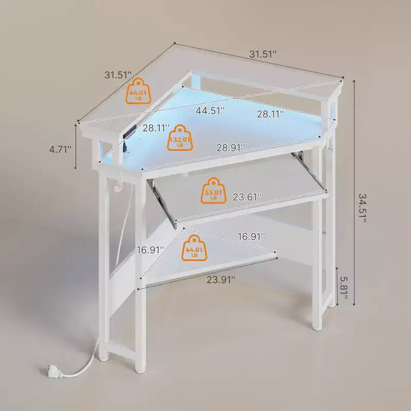 Small Corner Computer Desk with Power Socket, LED Light Computer Desk with Monitor Stand, Keyboard Tray and Headphone Holder