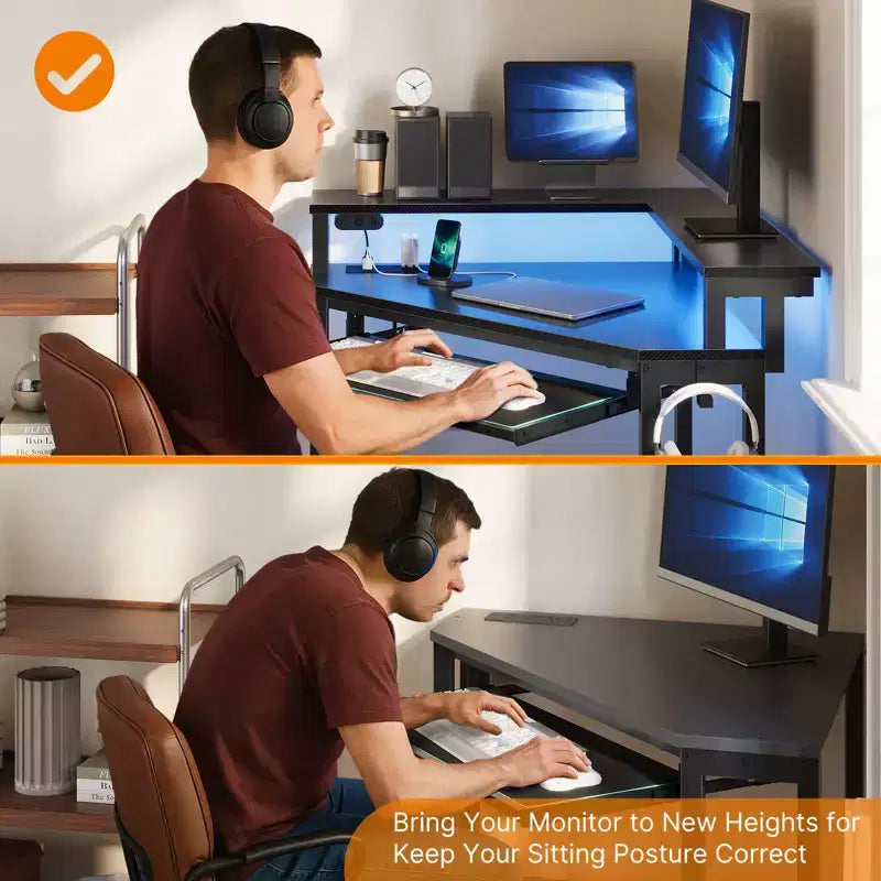 Small Corner Computer Desk with Power Socket, LED Light Computer Desk with Monitor Stand, Keyboard Tray and Headphone Holder