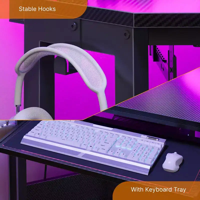 Small Corner Computer Desk with Power Socket, LED Light Computer Desk with Monitor Stand, Keyboard Tray and Headphone Holder