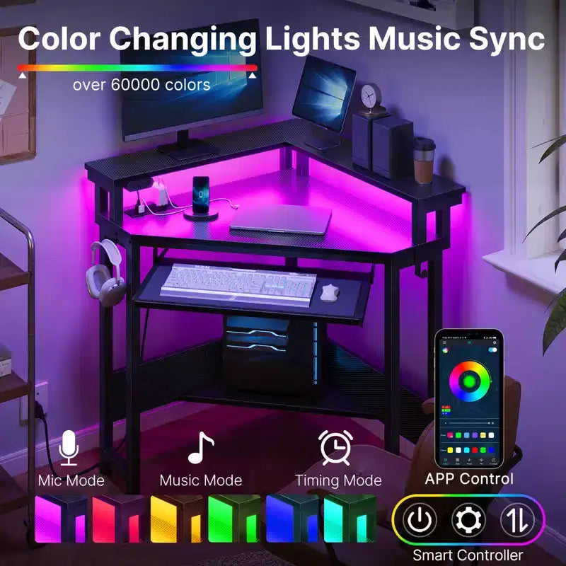Small Corner Computer Desk with Power Socket, LED Light Computer Desk with Monitor Stand, Keyboard Tray and Headphone Holder