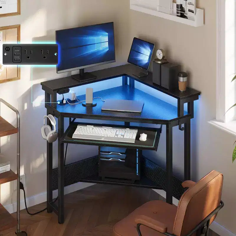 Small Corner Computer Desk with Power Socket, LED Light Computer Desk with Monitor Stand, Keyboard Tray and Headphone Holder