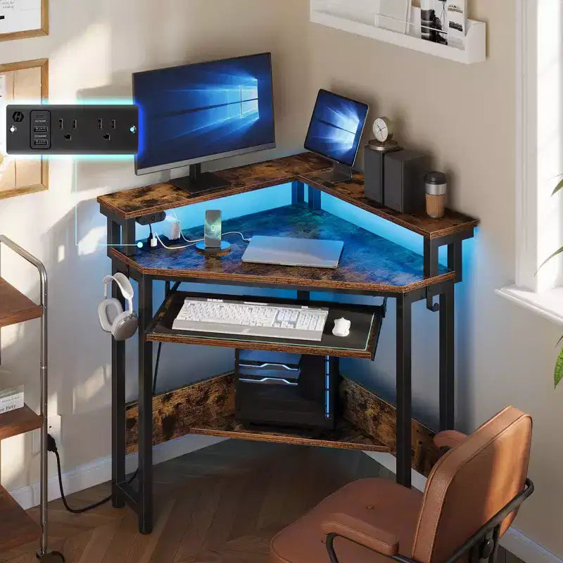 Small Corner Computer Desk with Power Socket, LED Light Computer Desk with Monitor Stand, Keyboard Tray and Headphone Holder