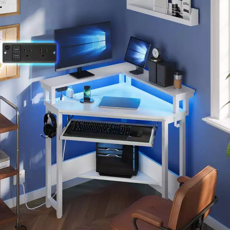 Small Corner Computer Desk with Power Socket, LED Light Computer Desk with Monitor Stand, Keyboard Tray and Headphone Holder