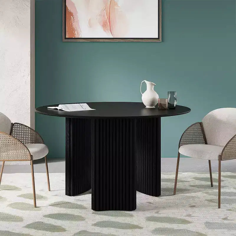52 Modern Round Dining Table with Striped Column Legs Solid Wood Kitchen Table Anti-Scratch Footpads for Dining Room & Kitchen Bar in Black