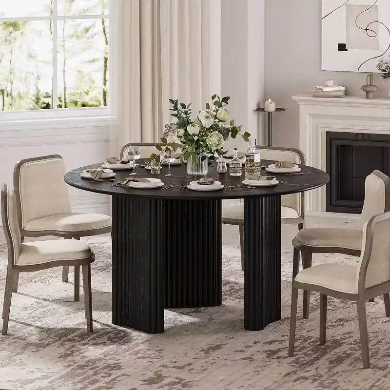 52 Modern Round Dining Table with Striped Column Legs Solid Wood Kitchen Table Anti-Scratch Footpads for Dining Room & Kitchen Bar in Black
