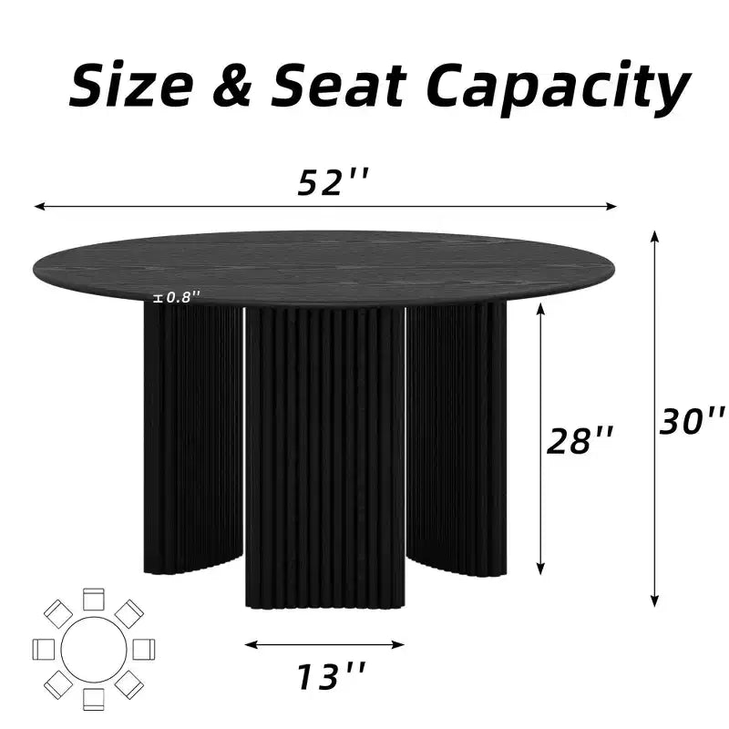 52 Modern Round Dining Table with Striped Column Legs Solid Wood Kitchen Table Anti-Scratch Footpads for Dining Room & Kitchen Bar in Black