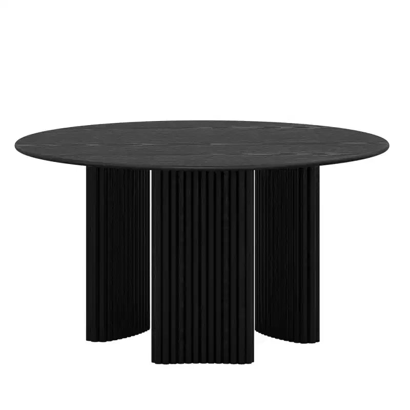 52 Modern Round Dining Table with Striped Column Legs Solid Wood Kitchen Table Anti-Scratch Footpads for Dining Room & Kitchen Bar in Black