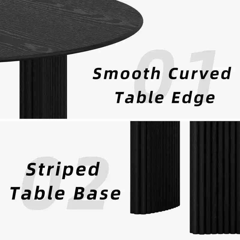 52 Modern Round Dining Table with Striped Column Legs Solid Wood Kitchen Table Anti-Scratch Footpads for Dining Room & Kitchen Bar in Black