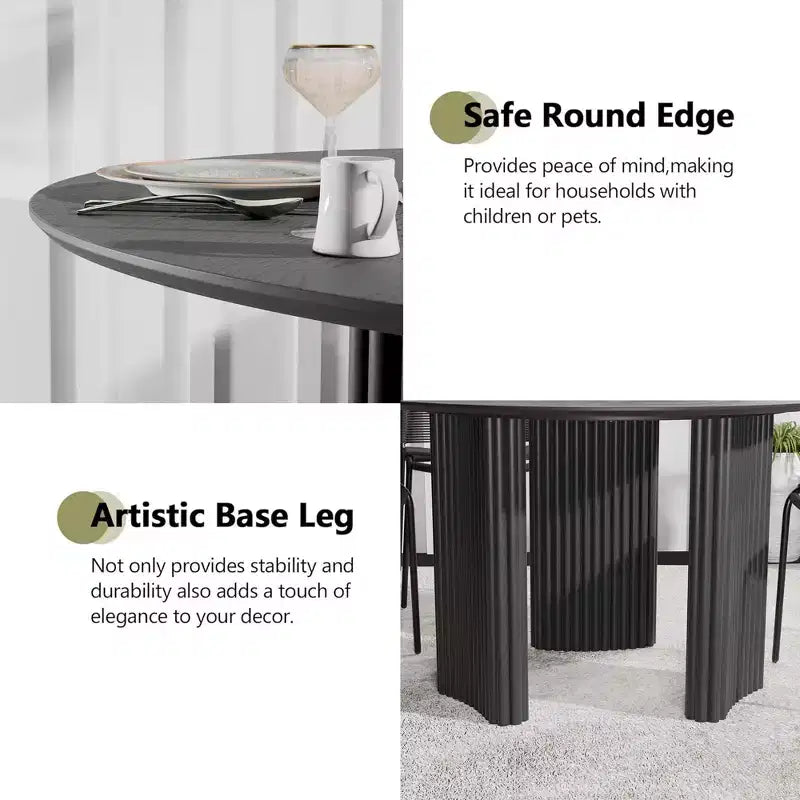 52 Modern Round Dining Table with Striped Column Legs Solid Wood Kitchen Table Anti-Scratch Footpads for Dining Room & Kitchen Bar in Black