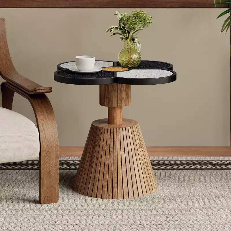 Audrey Modern Stone-Look Resin Four-Leaf Clover Accent Side Table with Wood Base