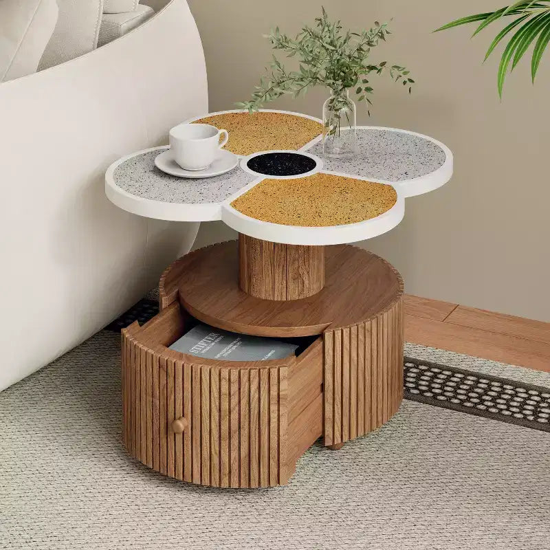 Evelyn Modern Stone-Look Resin Four-Leaf Clover Accent Side Table with Wood Base and Storage Drawer