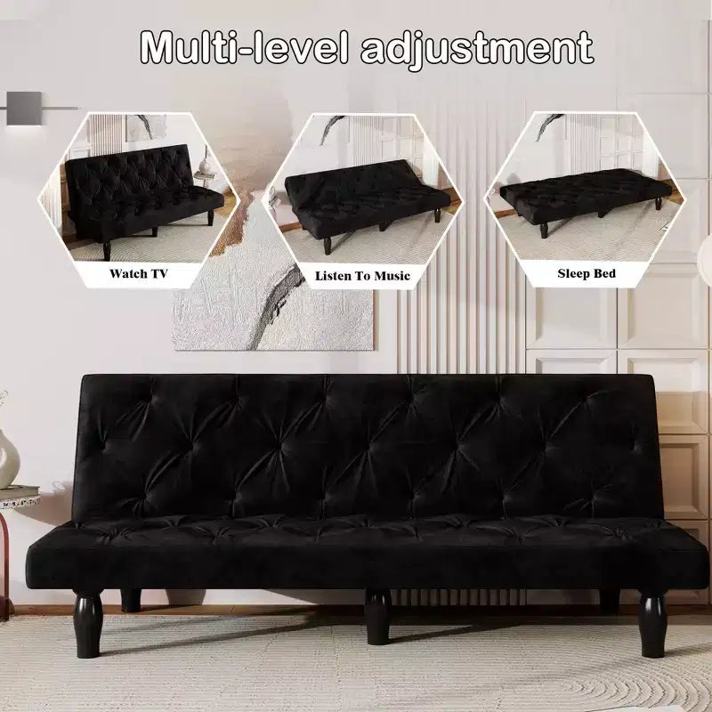 Loveseat Velvet Sofa Bed Transforms Seamlessly for Living Room Bedroom Apartment Black