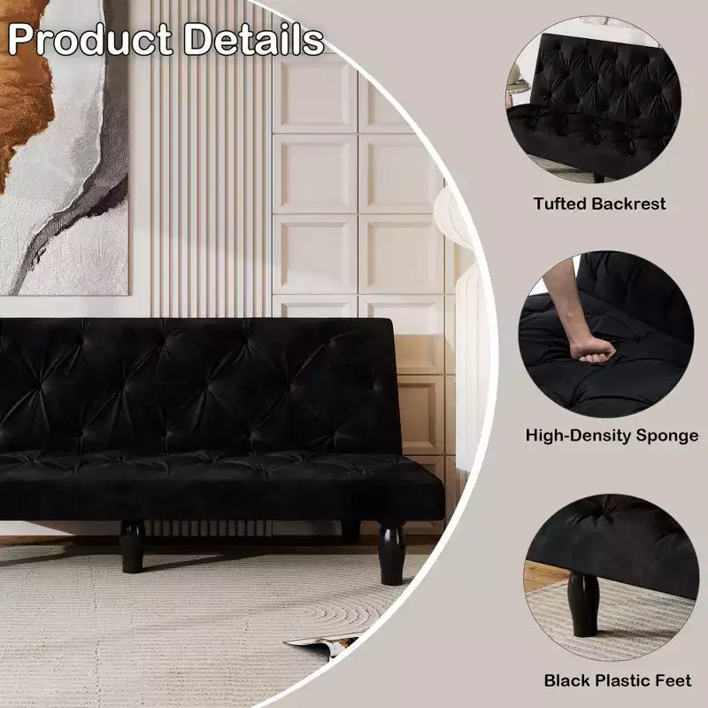 Loveseat Velvet Sofa Bed Transforms Seamlessly for Living Room Bedroom Apartment Black