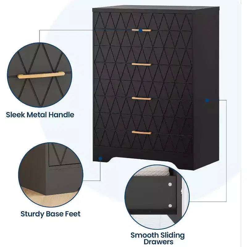 4-Drawer Wooden Dresser, Modern Storage Organizer with Metal Handles, Tall Chest of Drawers for Bedroom Living Room Hallway