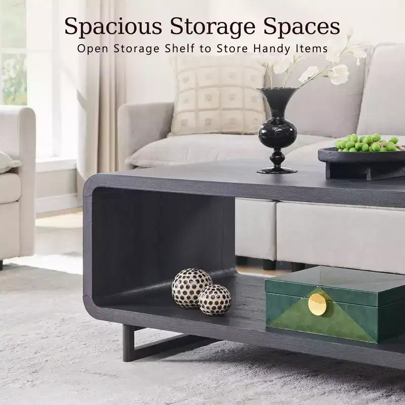 48 Coffee Table, Mondern Coffee Table with 2 Tier Storage Shelf, Wooden Rectangular Living Room Table with Wood Thick for Living Room