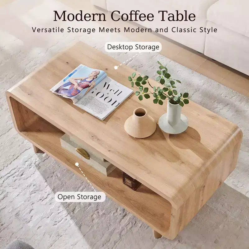 48 Coffee Table, Mondern Coffee Table with 2 Tier Storage Shelf, Wooden Rectangular Living Room Table with Wood Thick for Living Room