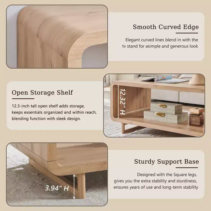 48 Coffee Table, Mondern Coffee Table with 2 Tier Storage Shelf, Wooden Rectangular Living Room Table with Wood Thick for Living Room