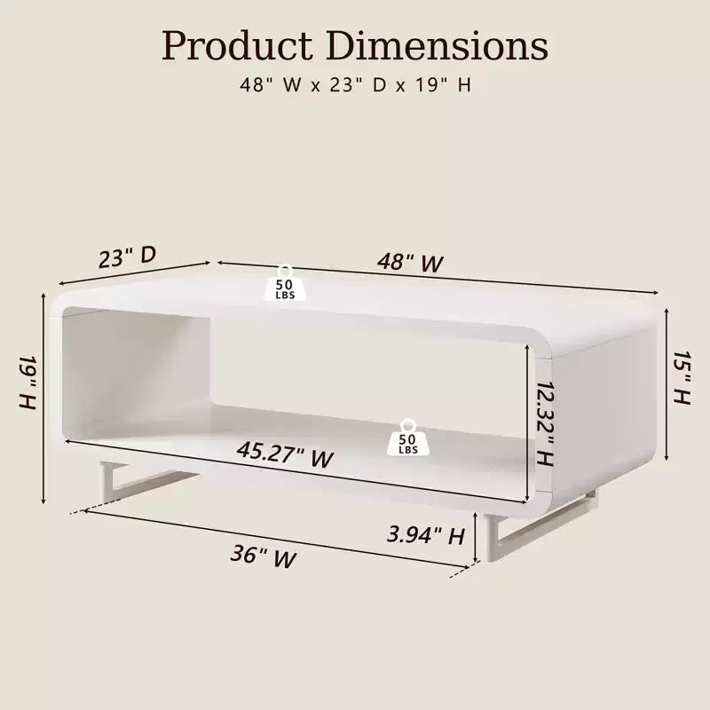 48 Coffee Table, Mondern Coffee Table with 2 Tier Storage Shelf, Wooden Rectangular Living Room Table with Wood Thick for Living Room
