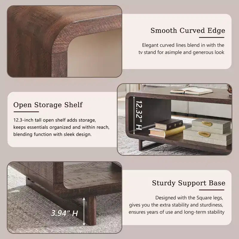 48 Coffee Table, Mondern Coffee Table with 2 Tier Storage Shelf, Wooden Rectangular Living Room Table with Wood Thick for Living Room
