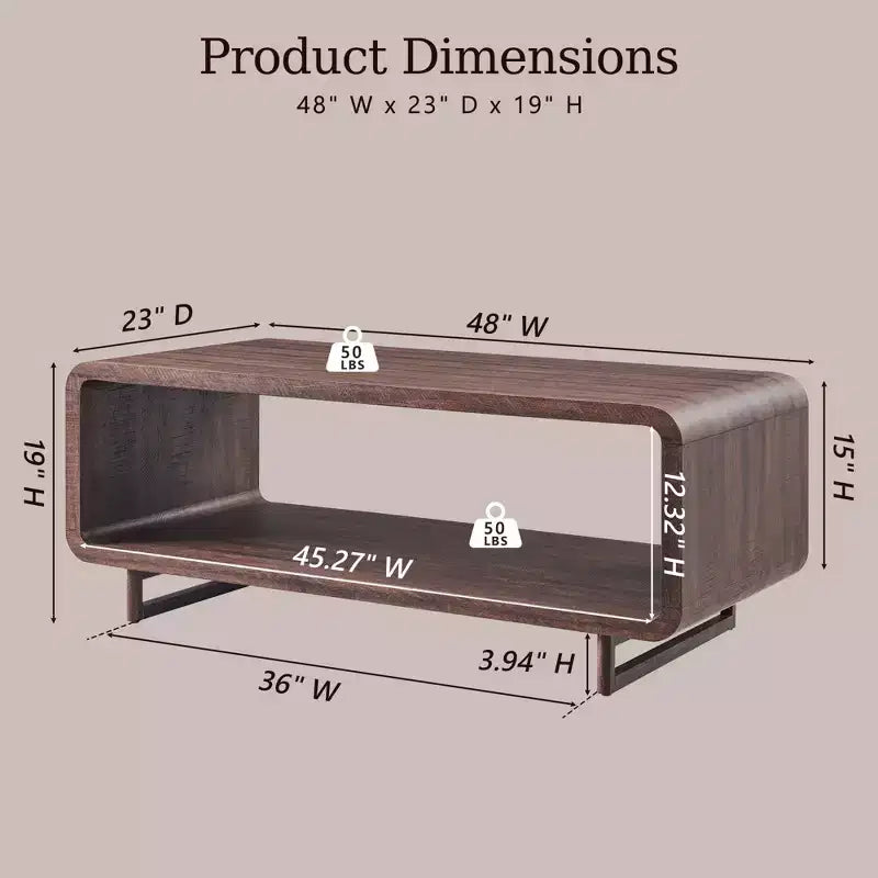 48 Coffee Table, Mondern Coffee Table with 2 Tier Storage Shelf, Wooden Rectangular Living Room Table with Wood Thick for Living Room
