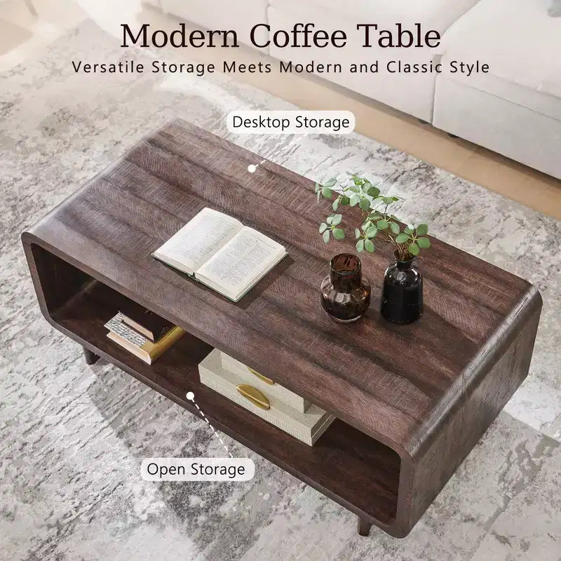 48 Coffee Table, Mondern Coffee Table with 2 Tier Storage Shelf, Wooden Rectangular Living Room Table with Wood Thick for Living Room