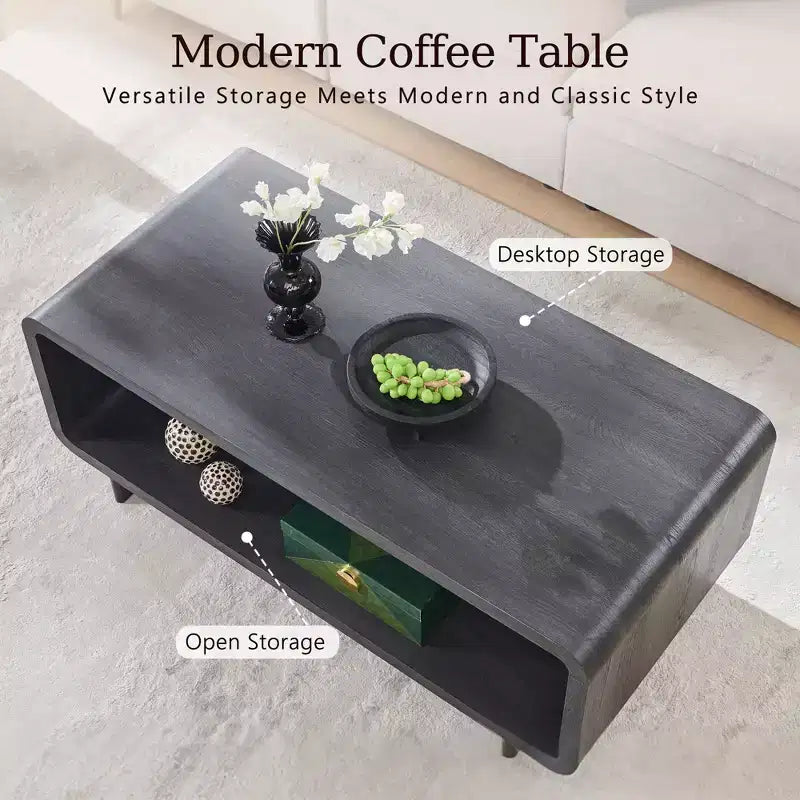 48 Coffee Table, Mondern Coffee Table with 2 Tier Storage Shelf, Wooden Rectangular Living Room Table with Wood Thick for Living Room