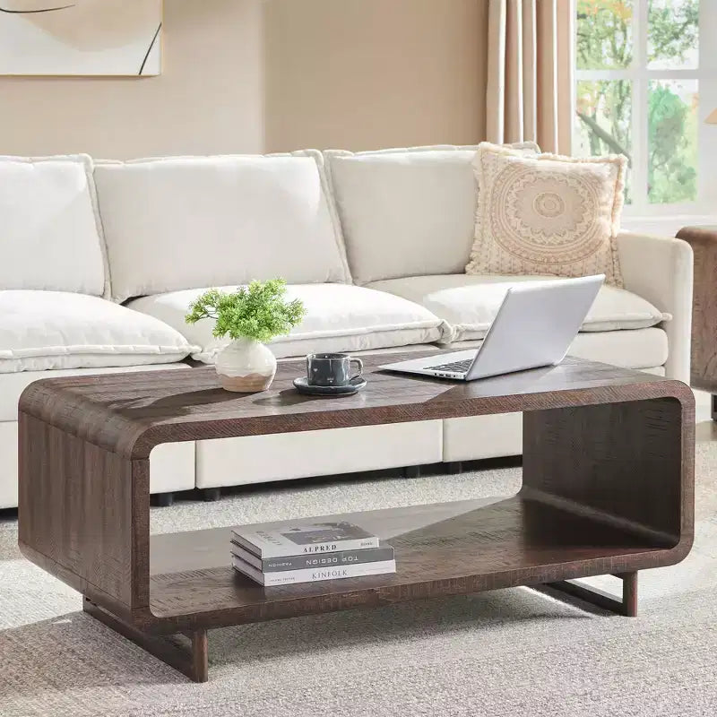 48 Coffee Table, Mondern Coffee Table with 2 Tier Storage Shelf, Wooden Rectangular Living Room Table with Wood Thick for Living Room
