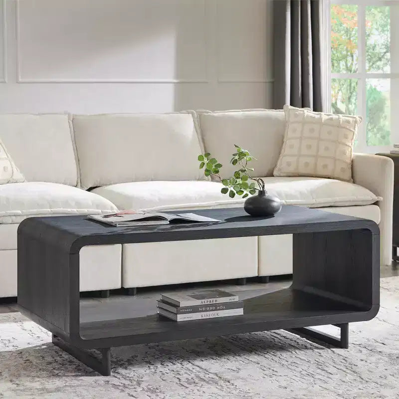 48 Coffee Table, Mondern Coffee Table with 2 Tier Storage Shelf, Wooden Rectangular Living Room Table with Wood Thick for Living Room