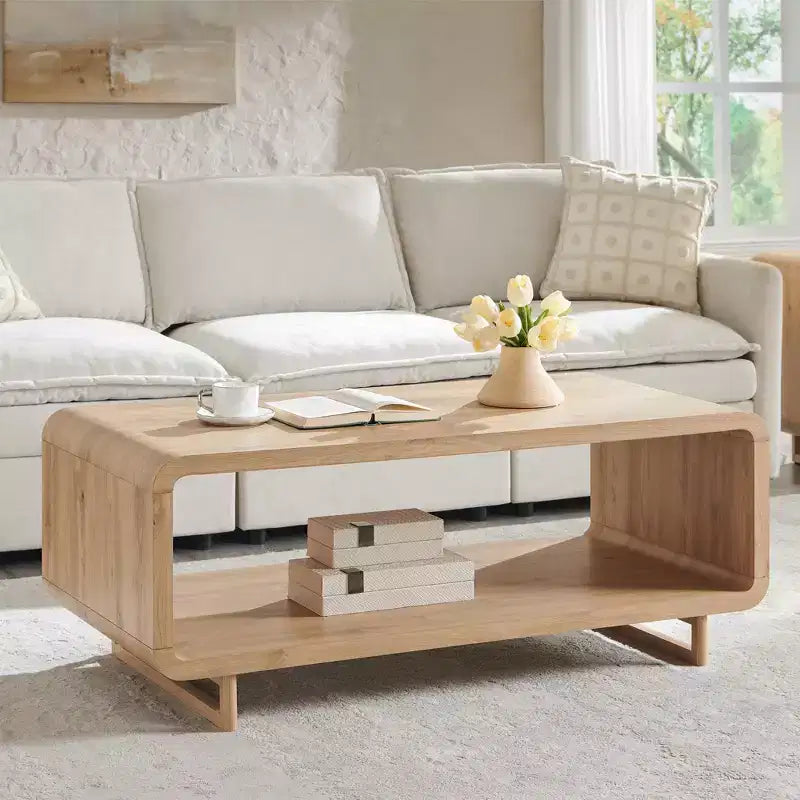 48 Coffee Table, Mondern Coffee Table with 2 Tier Storage Shelf, Wooden Rectangular Living Room Table with Wood Thick for Living Room