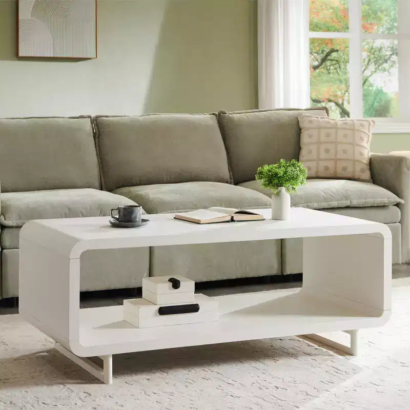 48 Coffee Table, Mondern Coffee Table with 2 Tier Storage Shelf, Wooden Rectangular Living Room Table with Wood Thick for Living Room
