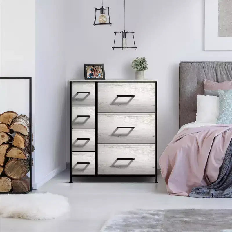 Dresser with 7 Drawers - Storage Chest Organizer with Steel Frame, Wood Top, Handles, Fabric Bins