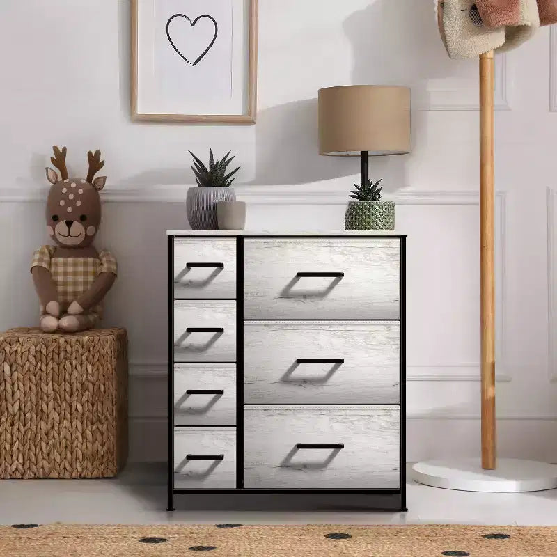 Dresser with 7 Drawers - Storage Chest Organizer with Steel Frame, Wood Top, Handles, Fabric Bins