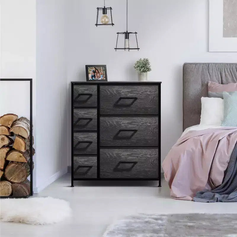 Dresser with 7 Drawers - Storage Chest Organizer with Steel Frame, Wood Top, Handles, Fabric Bins