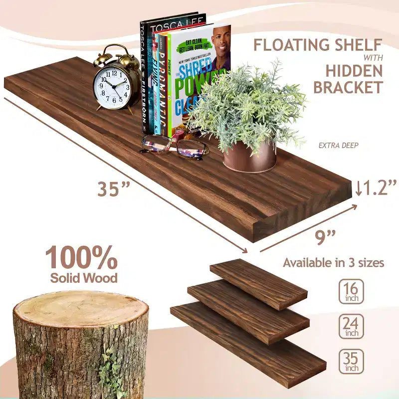 2 Pack 35 Solid Wood Floating Shelves - for Bathroom Decor, Books, Bedroom & Living Room