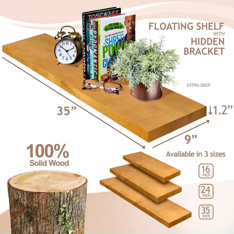2 Pack 35 Solid Wood Floating Shelves - for Bathroom Decor, Books, Bedroom & Living Room