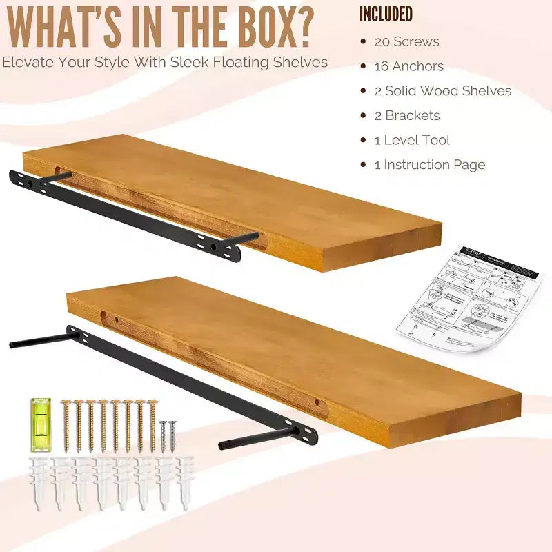 2 Pack 35 Solid Wood Floating Shelves - for Bathroom Decor, Books, Bedroom & Living Room