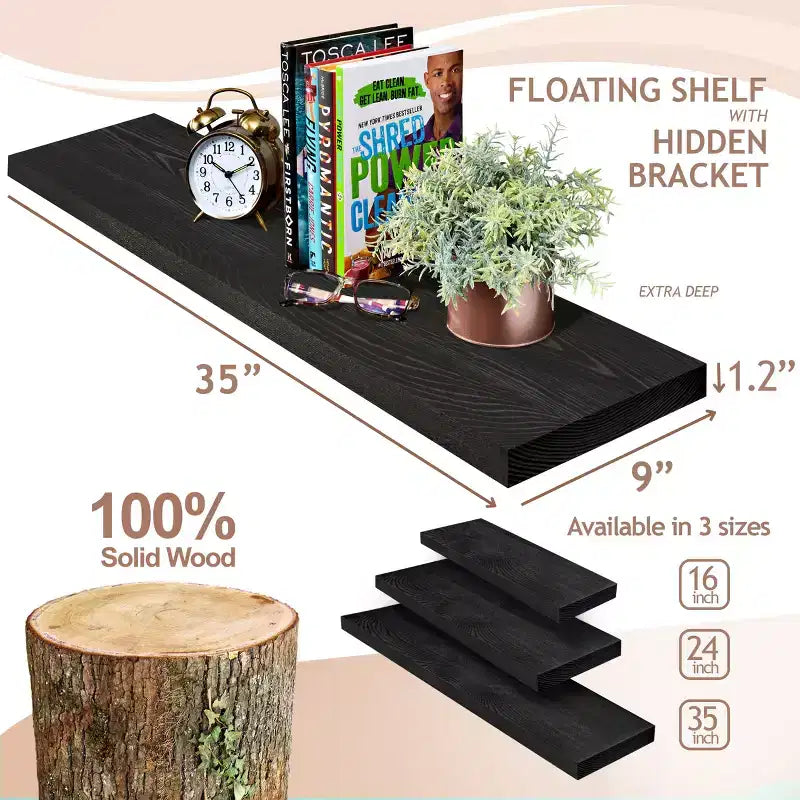 2 Pack 35 Solid Wood Floating Shelves - for Bathroom Decor, Books, Bedroom & Living Room