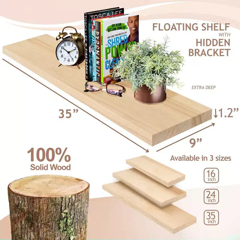 2 Pack 35 Solid Wood Floating Shelves - for Bathroom Decor, Books, Bedroom & Living Room