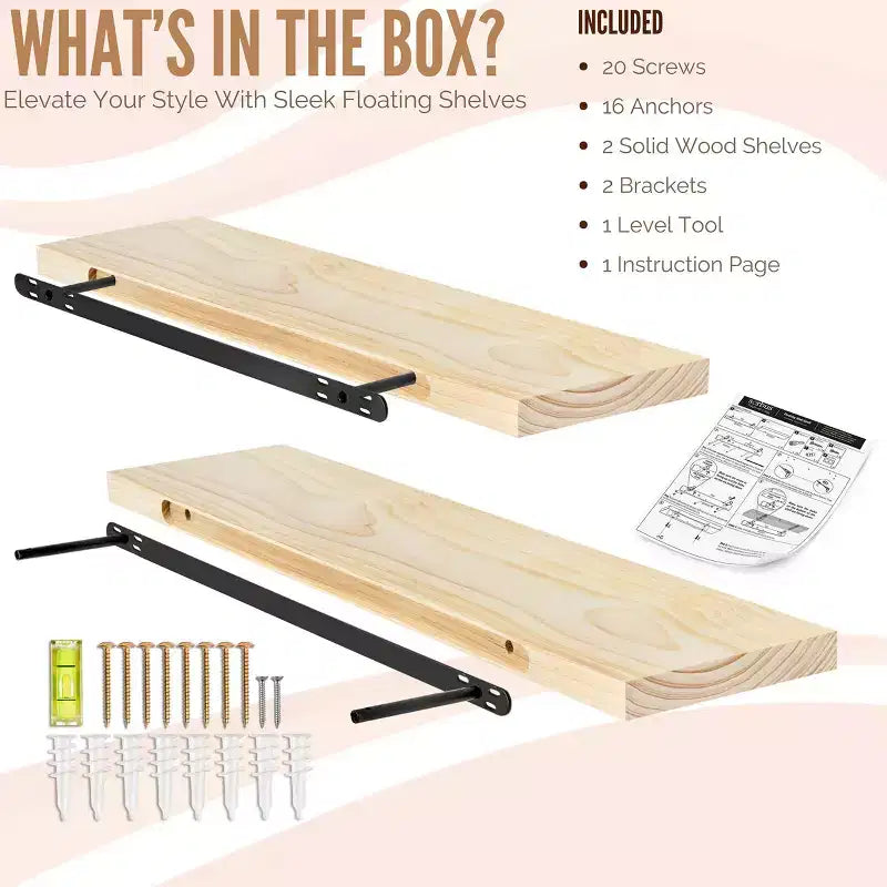 2 Pack 35 Solid Wood Floating Shelves - for Bathroom Decor, Books, Bedroom & Living Room