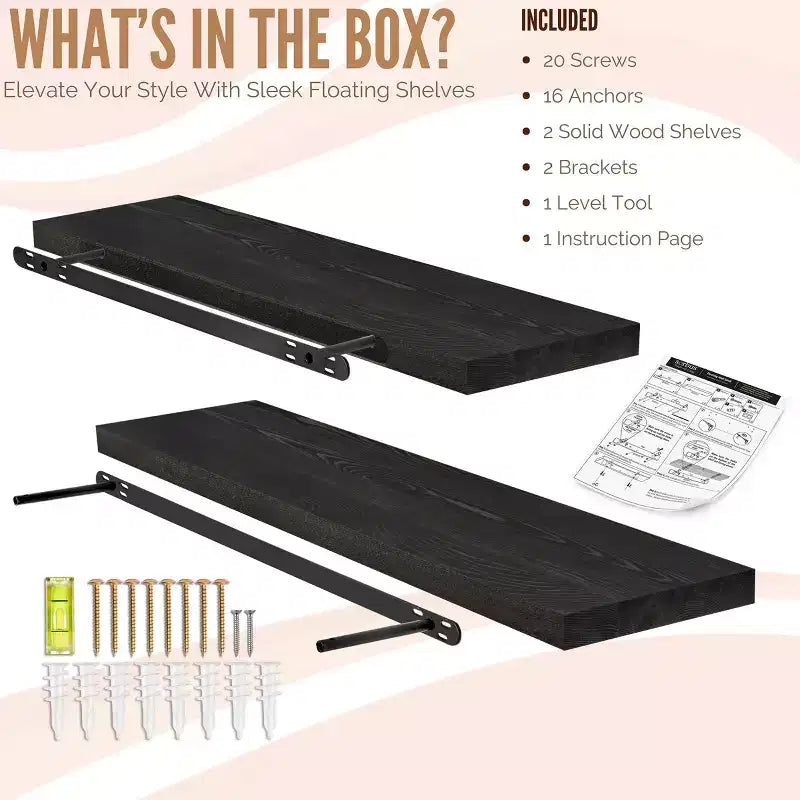 2 Pack 35 Solid Wood Floating Shelves - for Bathroom Decor, Books, Bedroom & Living Room